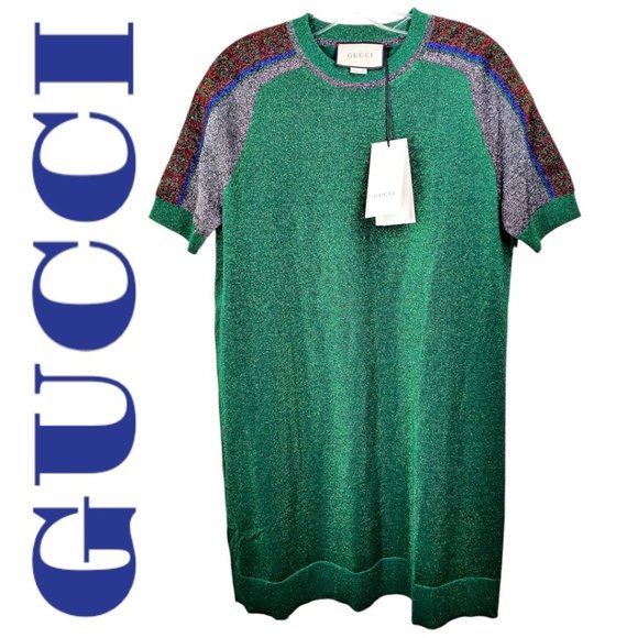 NWT GUCCI Metallic Green Short Sleeve Crew Neck Mini T-Shirt Dress, Size Small - Picture 2 of 13